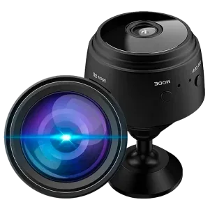 PebblePeek camera sitting on its small stand, lens facing forward